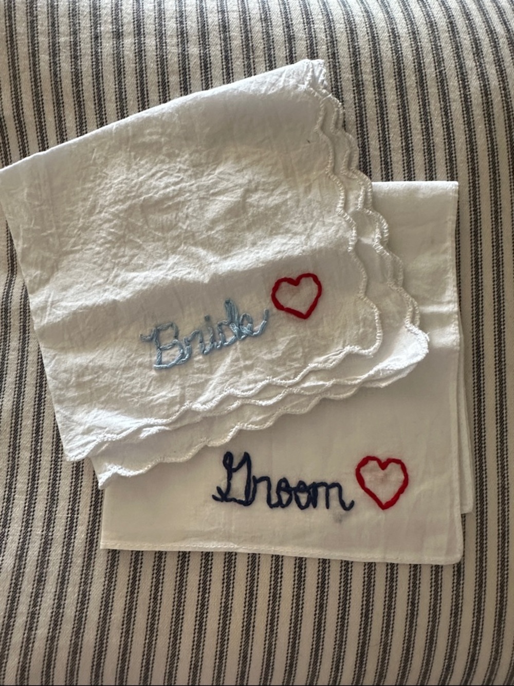 Embroidered 'Bride' and 'Groom' Handkerchiefs with Red Heart Motifs